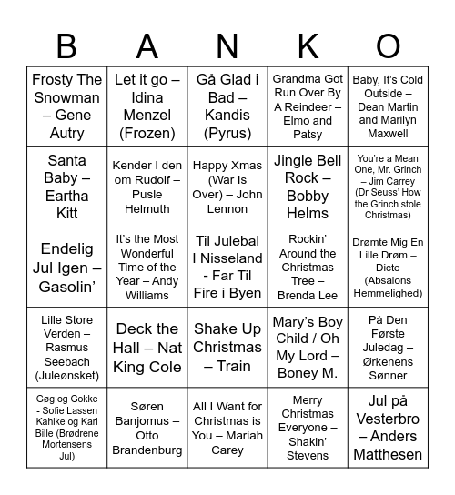 Julefrokost KBA 2025 Musikbanko Bingo Card