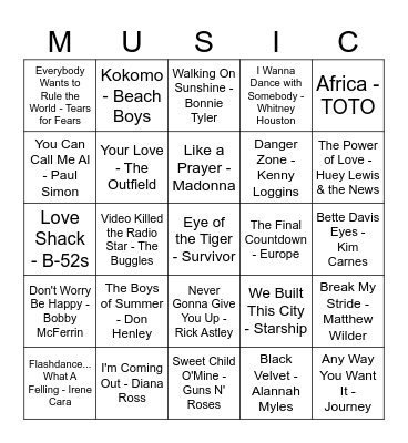 80's Bingo Card