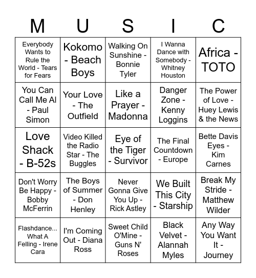 80's Bingo Card