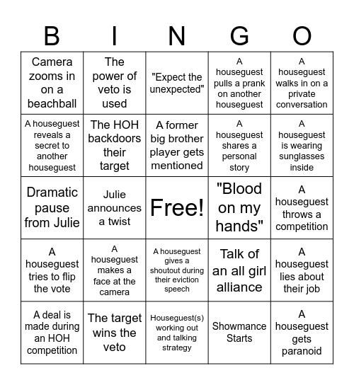 Big brother Bingo Card