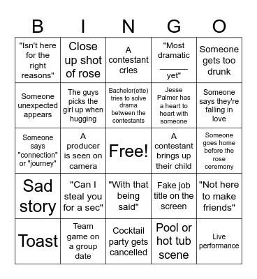 Bachelorette Bingo Card
