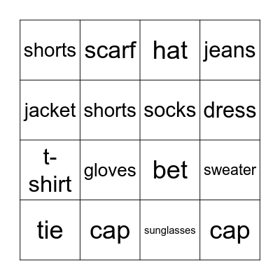 Clothes Bingo Card