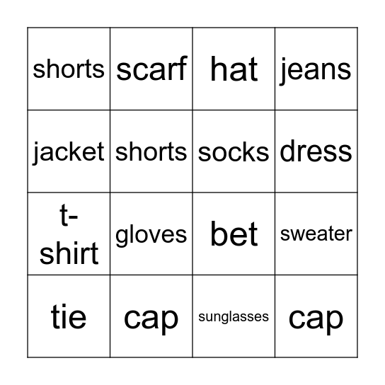 Clothes Bingo Card