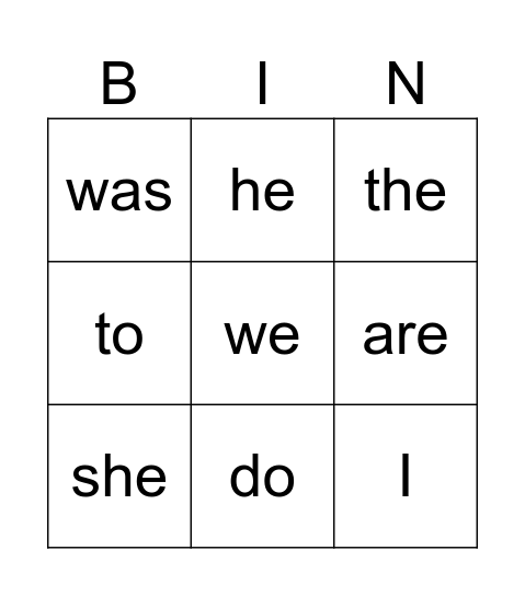Tricky Words Bingo Card
