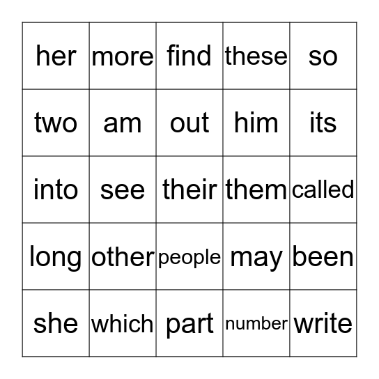 1st Grade sight word BINGO (1-25) Bingo Card