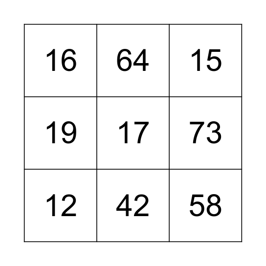 NUMBERS Bingo Card