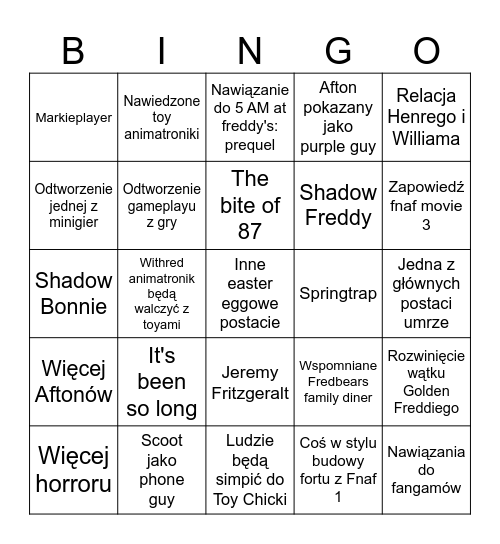Fnaf 2 bingo Card