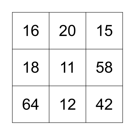 NUMBERS Bingo Card