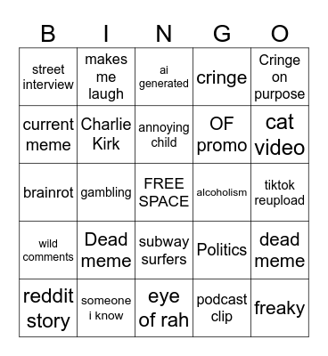 Jack Manifold IG Reels Bingo Card Bingo Card