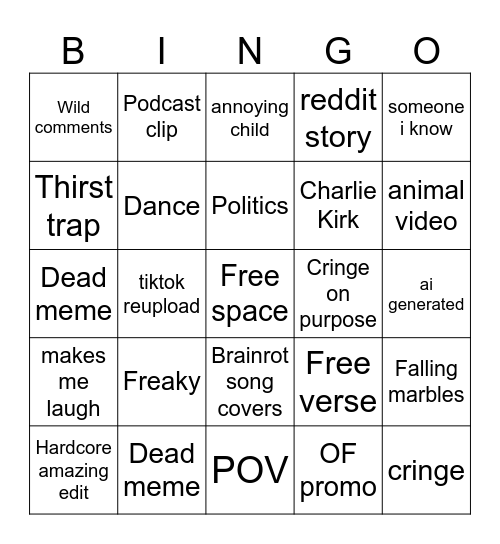 Instagram reels bingo Card