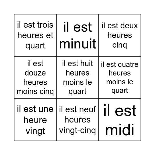 Quelle heure est-il? Bingo Card