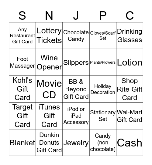 SNJPC Holiday Bingo Card Bingo Card