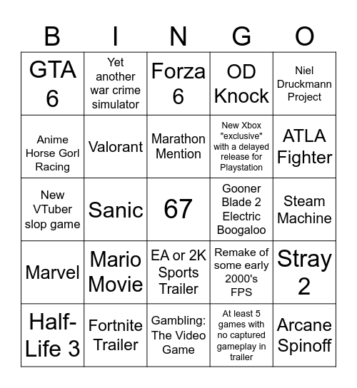 Game Awards Bingo Card