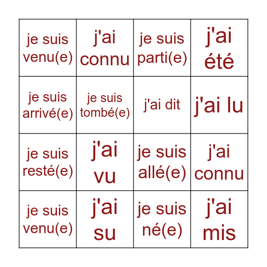 passé composé Bingo Card