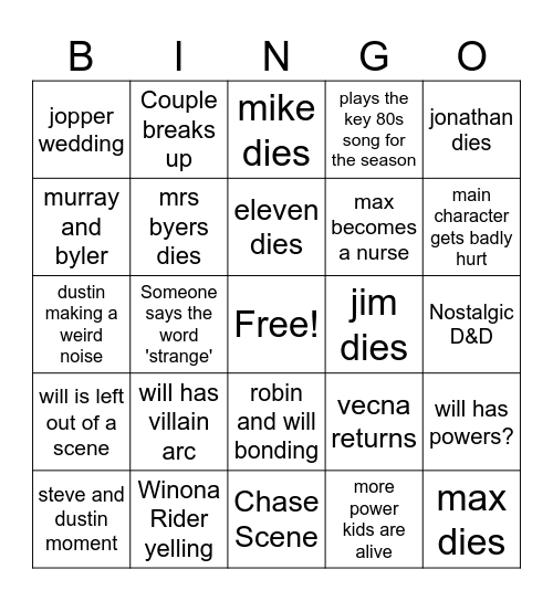 Stranger Things Season 5 Bingo Card