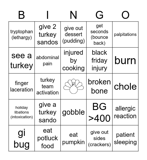 Emergency Turkey Team Bingo Card