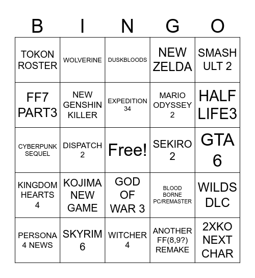 TGA PREDICTIONS Bingo Card