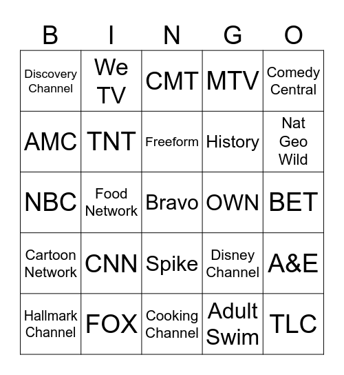TV Channels Bingo Card