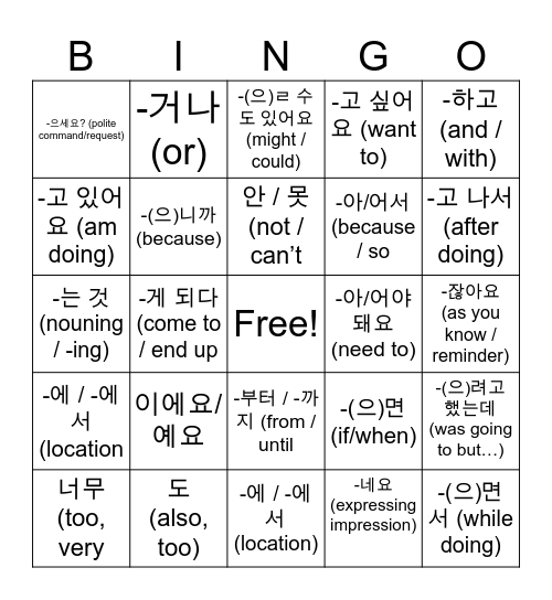 TTMIK level 1-3 grammar Bingo Card