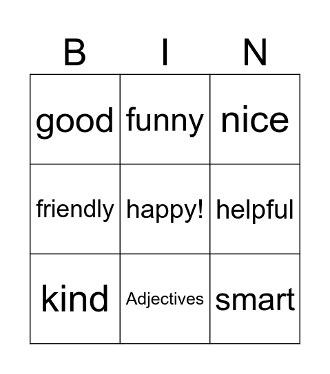 Adjectives for friends Bingo Card