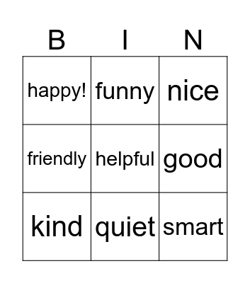 Adjectives for friends Bingo Card