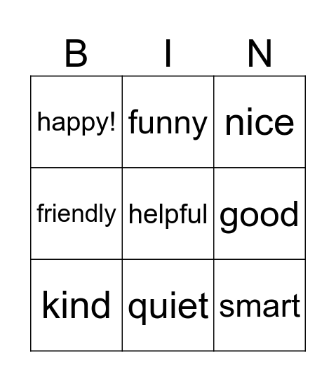 Adjectives for friends Bingo Card