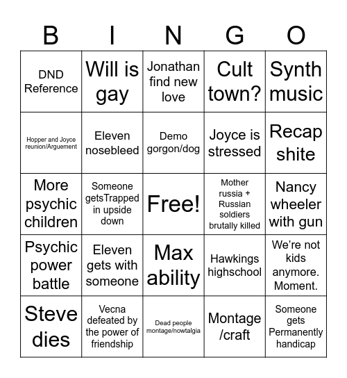 Stranger Things Final Season Bingo Card
