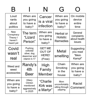 Dysfunctional Family Bingo Card