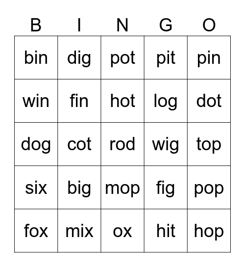 Short vowels Bingo Card