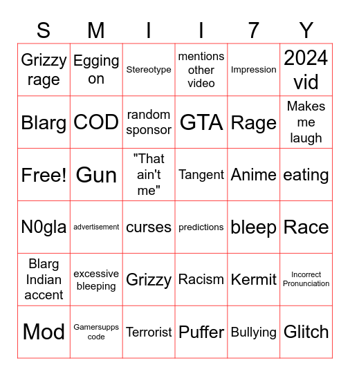 Smii7y Bingo Card