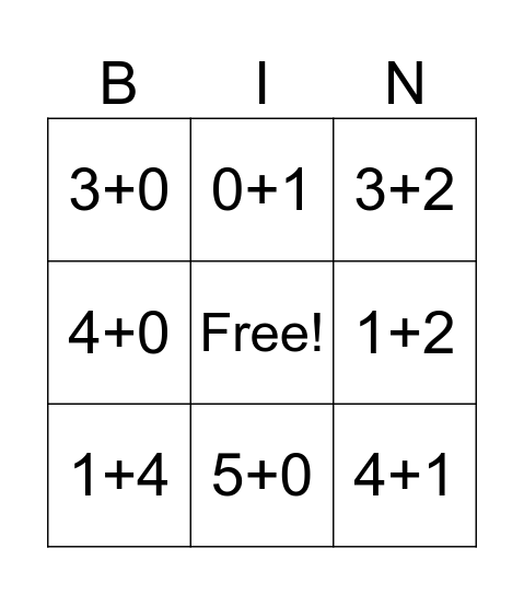 Addition Bingo Card