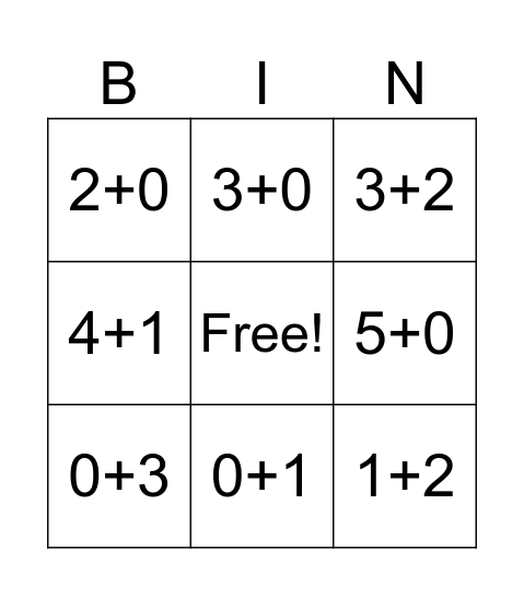 Addition Bingo Card