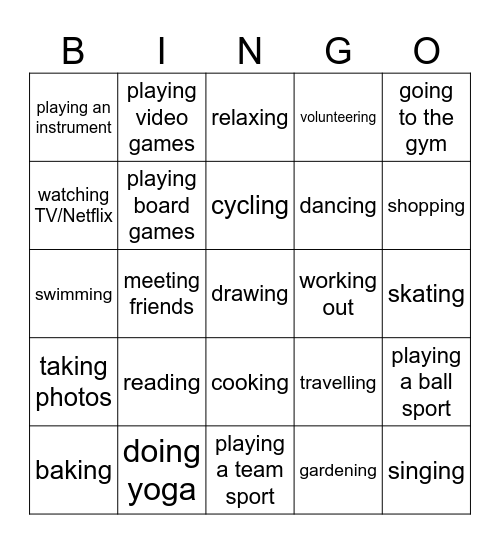 Leisure time Bingo Card