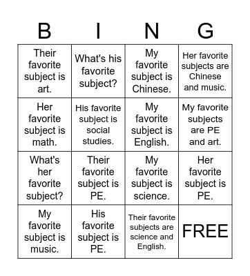 What's your favorite subject? Bingo Card