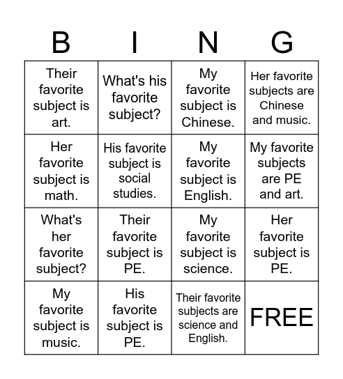 What's your favorite subject? Bingo Card