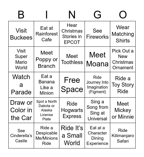 Family Vacation Bingo Card