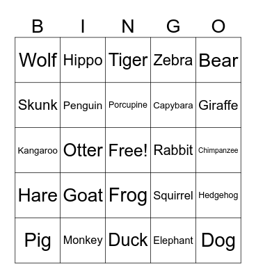 Animals Bingo Card