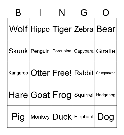 Animals Bingo Card