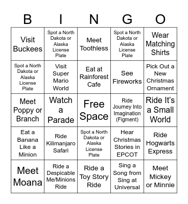 Family Vacation Bingo Card