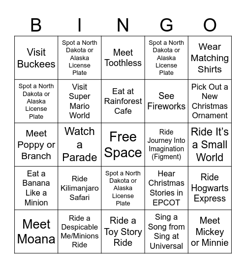 Family Vacation Bingo Card