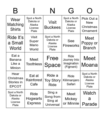 Family Vacation Bingo Card