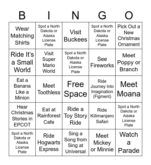 Family Vacation Bingo Card