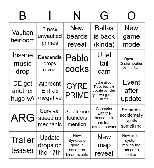 Warframe Devstream 191 Bingo Card