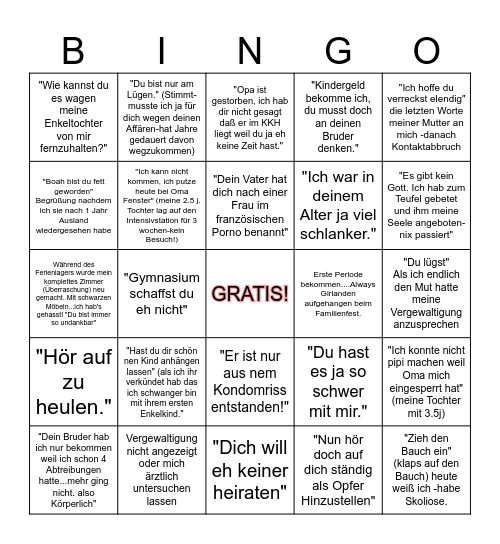 Toxic family Bingo Card