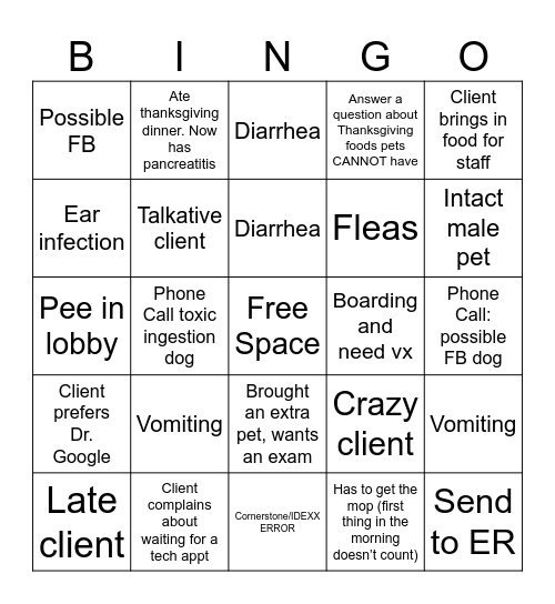 Thanksgiving Bingo Vetmed Edition Bingo Card