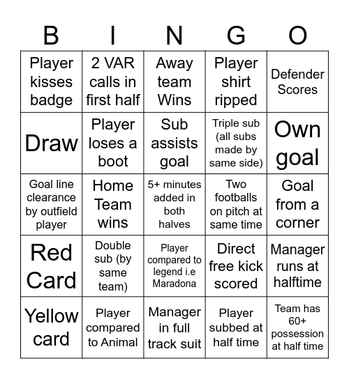 Premier League Bingo Card