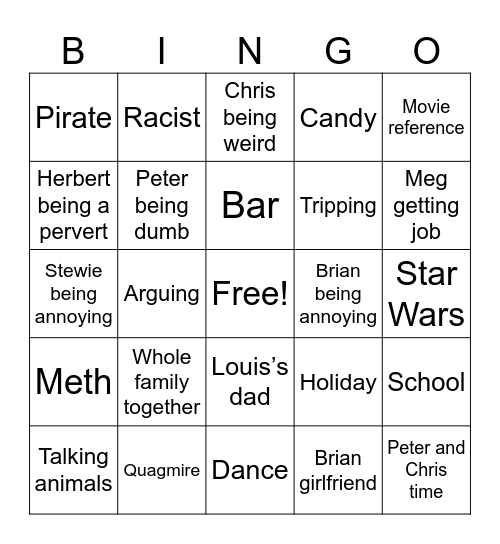 Family guy bingo Card