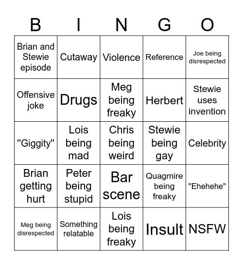 Family Guy Bingo Card