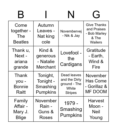 Thanksgiving & Fall Bingo Card