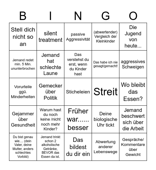 Familienweihnachtsessen Bingo Card